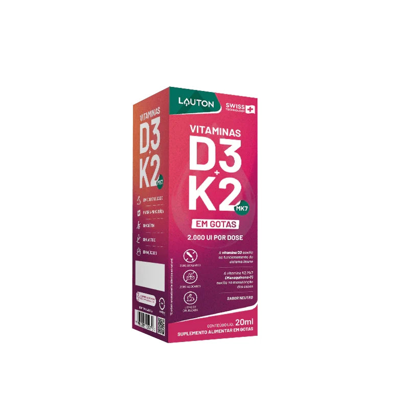 Vitamina D3 + K2 em Gotas Lauton – Imunidade, Saúde Óssea e Absorção Eficiente do Cálcio | 20ml