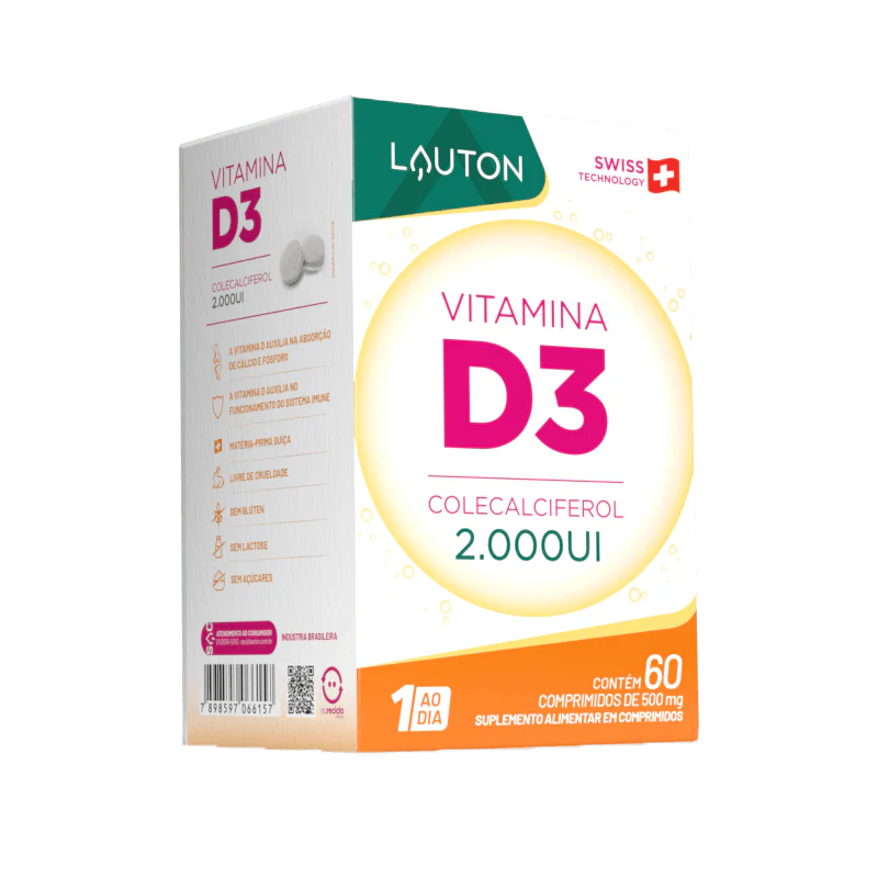 Vitamina D3 2.000UI – Saúde Óssea, Imunidade e Bem-Estar | 60 Comprimidos | Lauton Nutrition