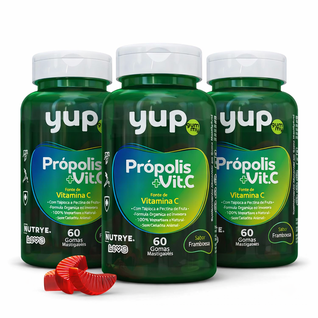 Gummy Própolis + Vitamina C – YUP | Sabor Framboesa | 60 Unidades | Compre o tratamento para 2 ou 3 meses e tenha desconto progressivo.