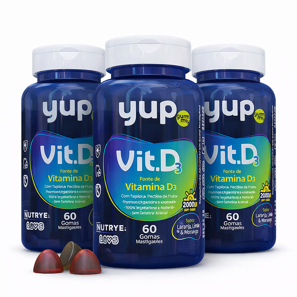 Gummy Vitamina D3 (2000UI por dose) – YUP | Sabor Laranja, Limão e Morango | 60 Unidades | Compre o tratamento para 2 ou 3 meses e tenha desconto progressivo.