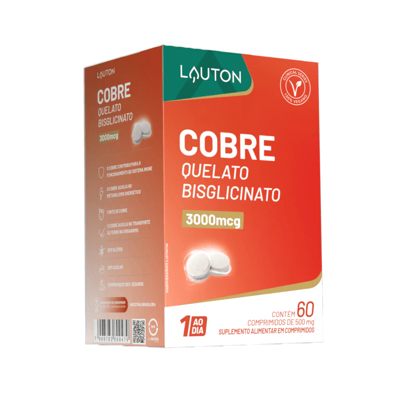 Cobre Quelato 3000mcg Lauton – Suporte à Imunidade, Metabolismo Energético e Pigmentação da Pele e Cabelos | Clinical Series | 60 Comprimidos| Compre o tratamento para 2 ou 3 meses e tenha desconto progressivo.