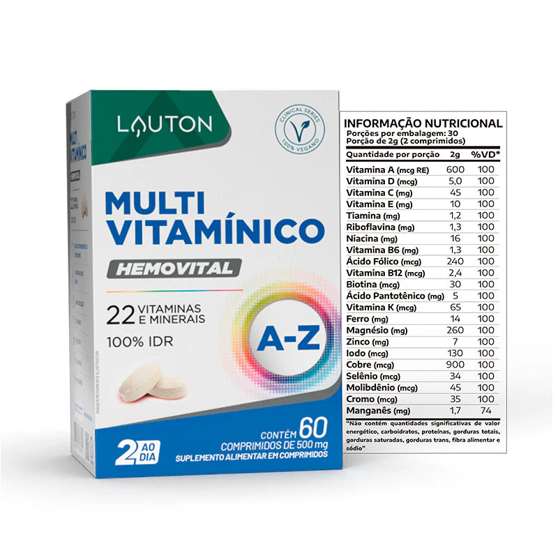 Multivitamínico Hemovital® Vegano – 22 Vitaminas e Minerais (100% IDR) | Clinical Series | 60 Comprimidos