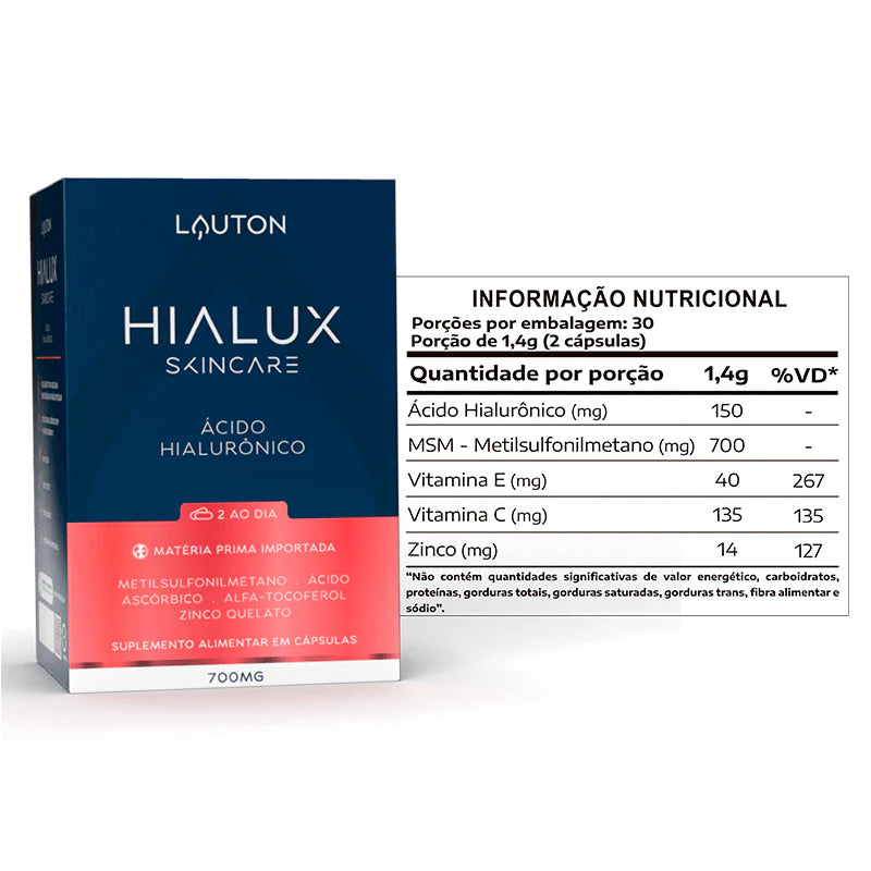 Hialux® Ácido Hialurônico – Hidratação da Pele, Elasticidade e Saúde das Articulações | 60 Cápsulas | Lauton Nutrition