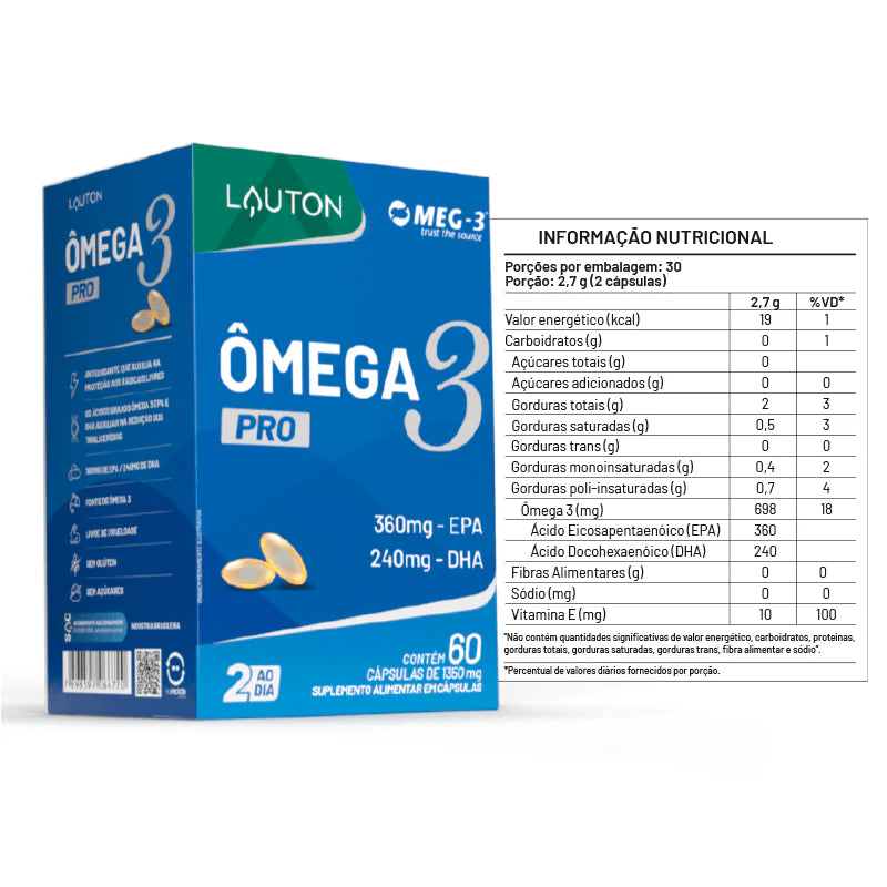 Ômega 3 PRO – 360mg EPA + 240mg DHA | Saúde do Coração, Cérebro e Imunidade | 60 Cápsulas | Lauton Nutrition