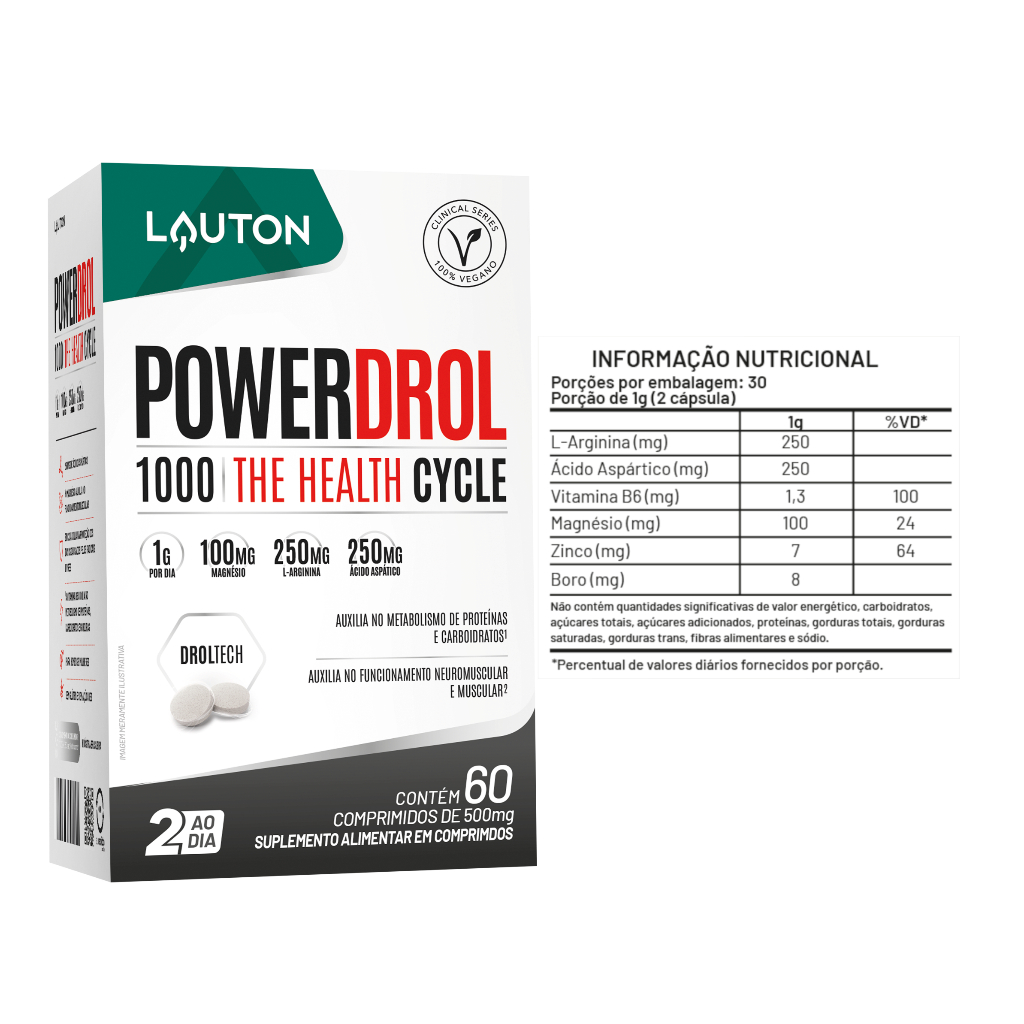 Powerdrol Precursor Hormonal de Testo, com Arginina, Acido Aspartico, Boro, Zinco, Magnésio - Lauton