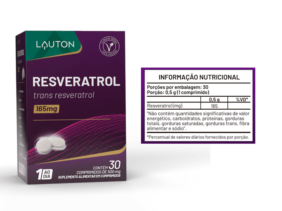 Resveratrol Lauton – Trans-Resveratrol 165mg | Antioxidante, Saúde Cardiovascular e Envelhecimento Saudável | 30 Comprimidos | Vegano