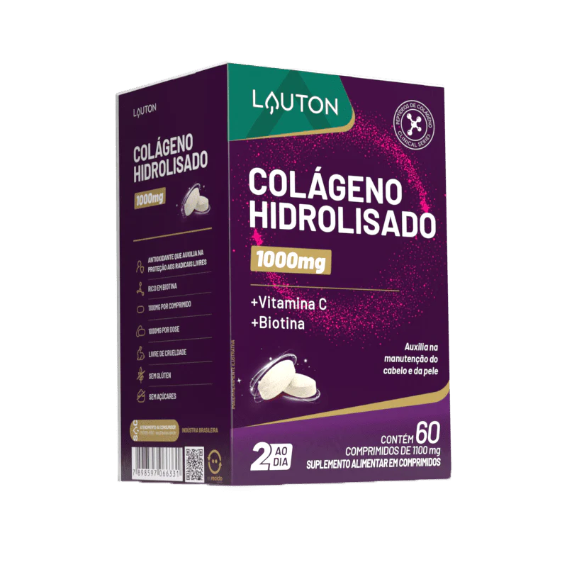 Colágeno Hidrolisado 1000mg com Vitamina C + Biotina – Lauton | Pele Firme, Unhas Fortes e Articulações Saudáveis | 60 Comprimidos