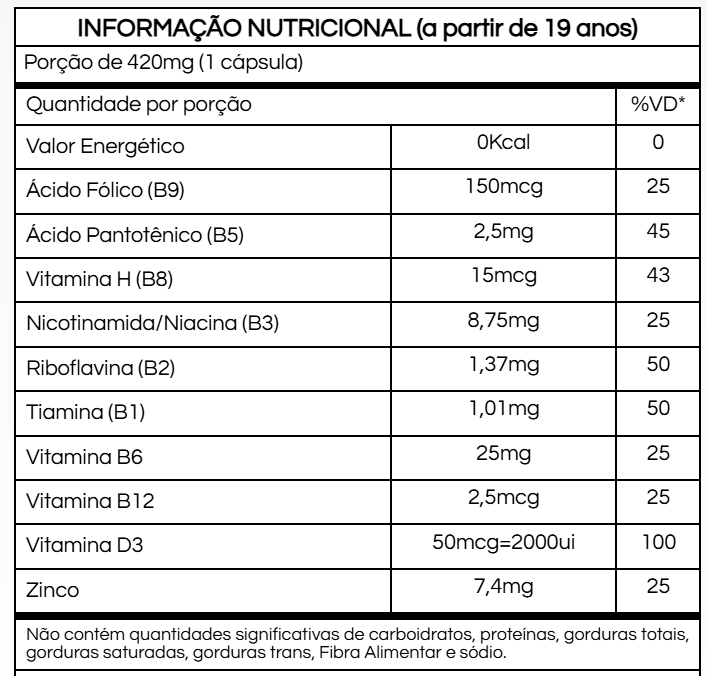 Complexo B + Zinco + Vitamina D3 . 60 cápsulas