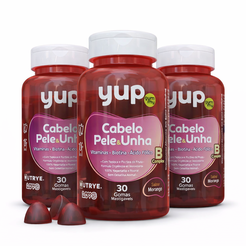 Gummy Cabelo, Pele & Unha – | Vitaminas + Biotina + Ácido Fólico | 30 Unidades – Vitaminas A, C, D, E, B6, B12 + Biotina | Compre o tratamento para 2 ou 3 meses e tenha desconto progressivo.