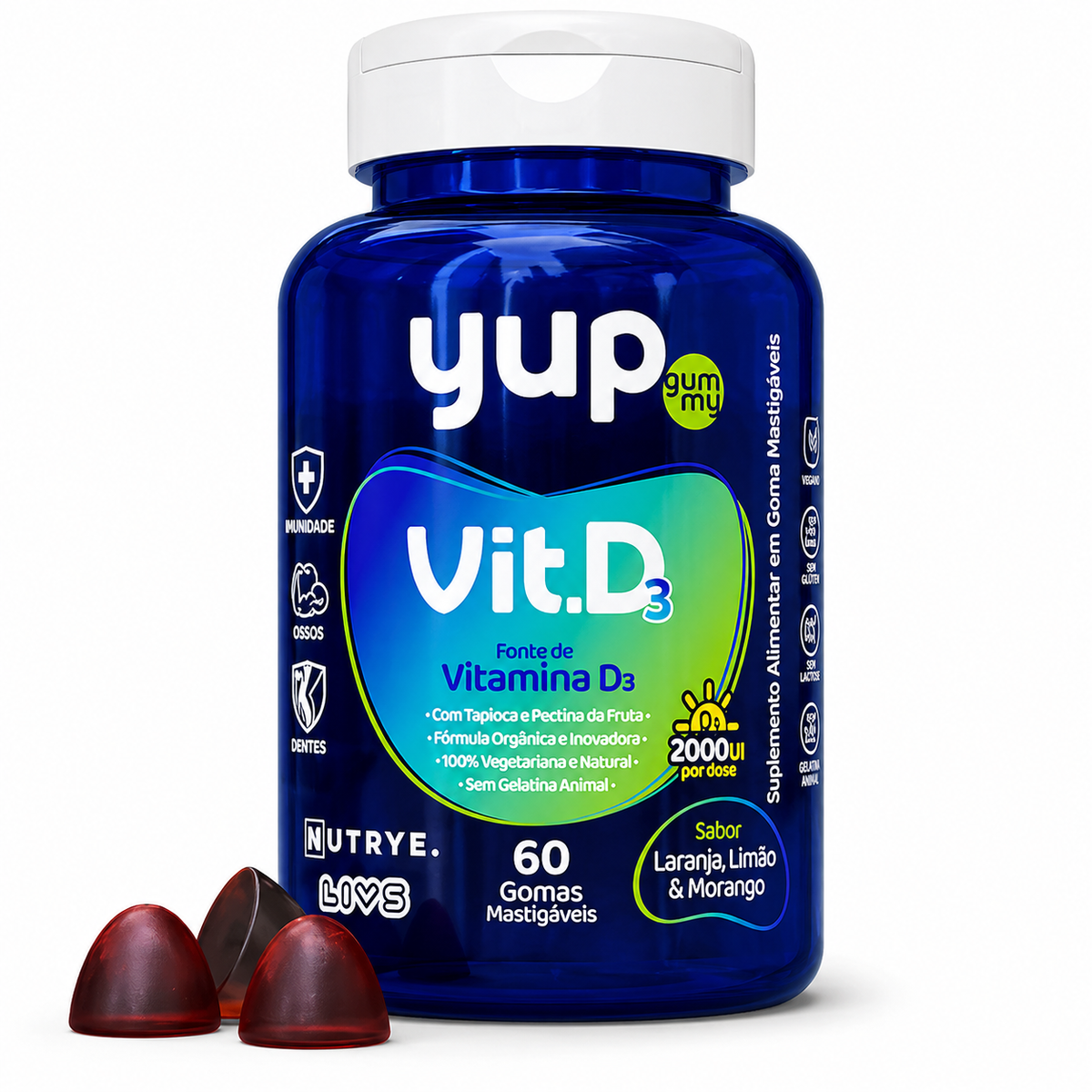 Gummy Vitamina D3 (2000UI por dose) | Sabor Laranja, Limão e Morango | 60 Unidades | Compre o tratamento para 2 ou 3 meses e tenha desconto progressivo.