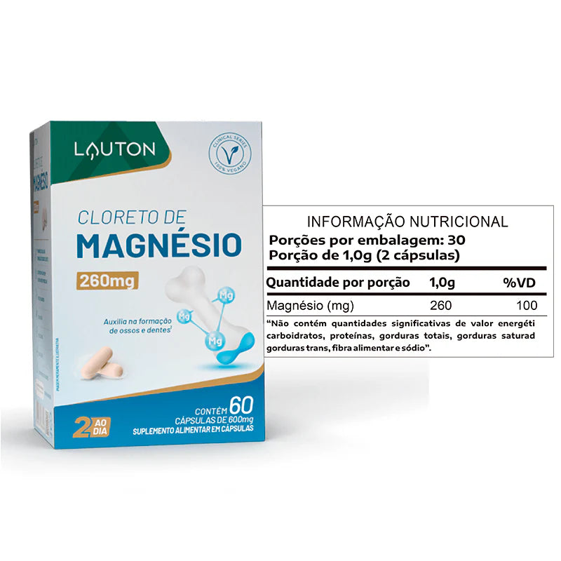 Cloreto de Magnésio 600mg – Saúde Muscular, Óssea e Energia Celular | 60 Cápsulas Veganas | Lauton Nutrition