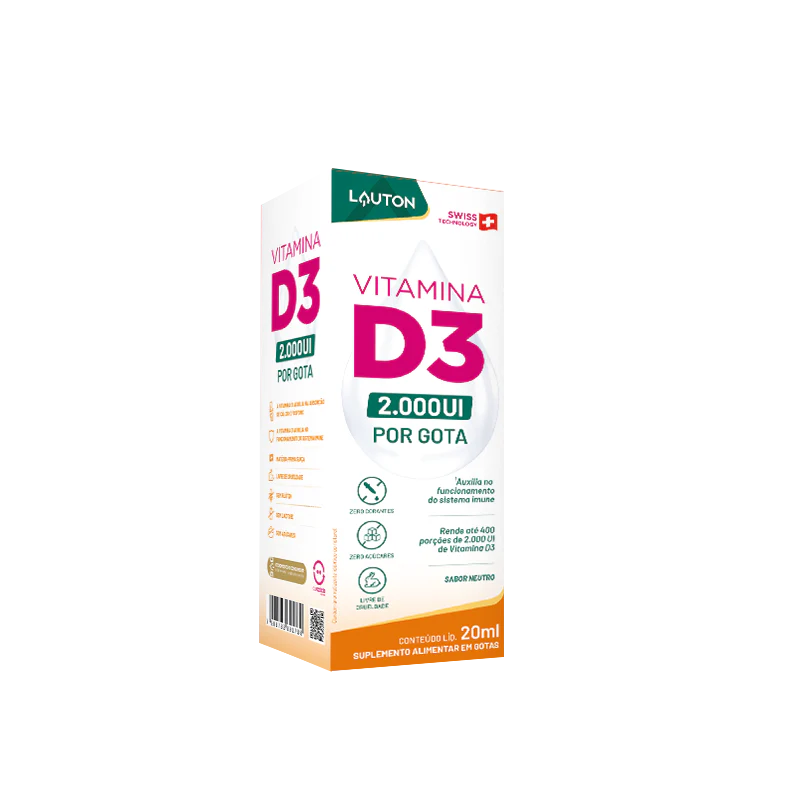 Vitamina D3 Líquida 50mcg Lauton – Imunidade, Ossos Fortes e Alta Absorção | Sabor Neutro | 20ml