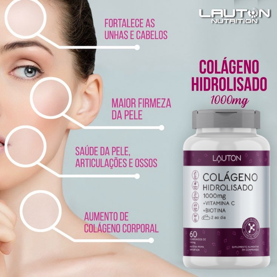 Kit 3 Colageno Hidrolisado 1000mg com Vitamina C + Biotina - 60 Comprimidos cada Pote -- Fórmula Concentrada Lauton Pele