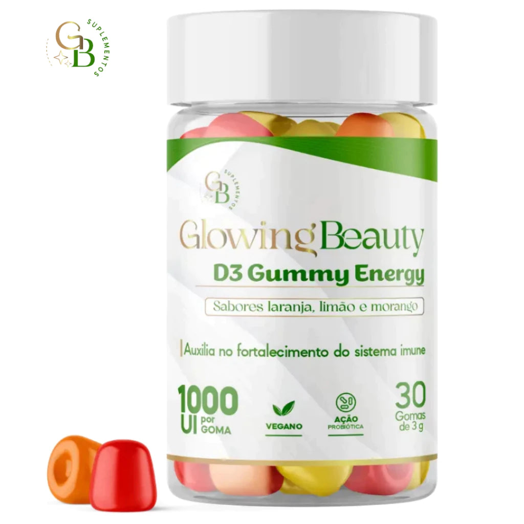 Deliciosas Gomas D3 Gummy Energy – Glowing Beauty | Vitamina D3 com Sabores Laranja, Limão e Morango | 30 Unidades