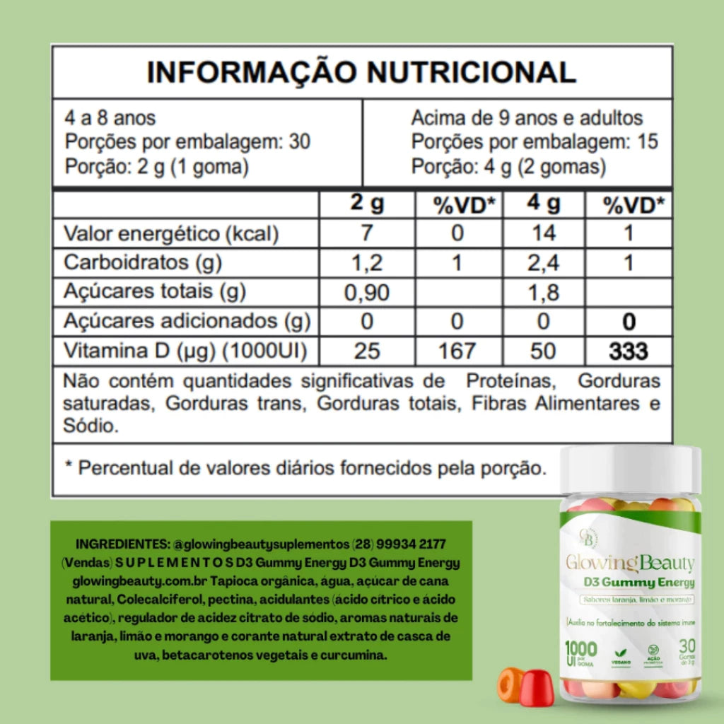 Deliciosas Gomas D3 Gummy Energy – Glowing Beauty | Vitamina D3 com Sabores Laranja, Limão e Morango | 30 Unidades