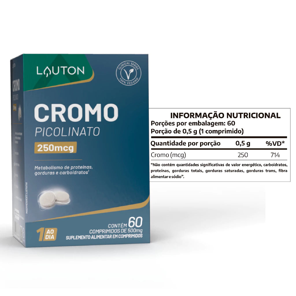 Cromo Picolinato 250mcg (60 Comp.) | Controle de Apetite e Açúcar no Sangue – Lauton