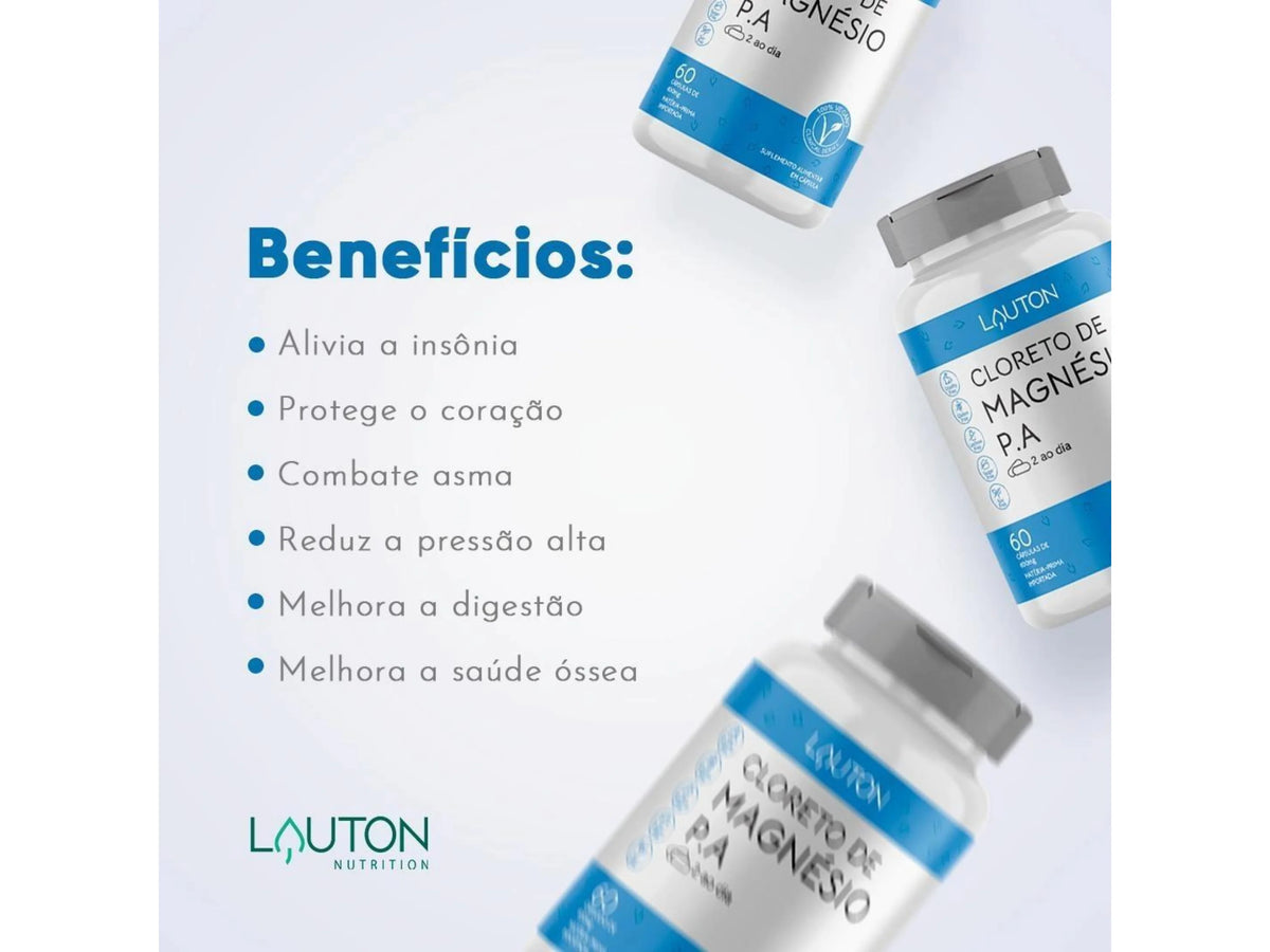 Cloreto de Magnésio 600mg – Saúde Muscular, Óssea e Energia Celular | 60 Cápsulas Veganas | Lauton Nutrition