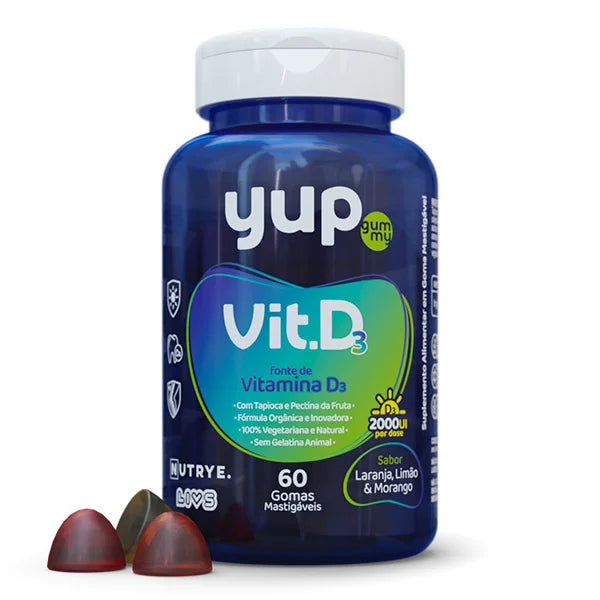 Gummy Vitamina D3 (2000UI por dose) – YUP | Sabor Laranja, Limão e Morango | 60 Unidades | Compre o tratamento para 2 ou 3 meses e tenha desconto progressivo.