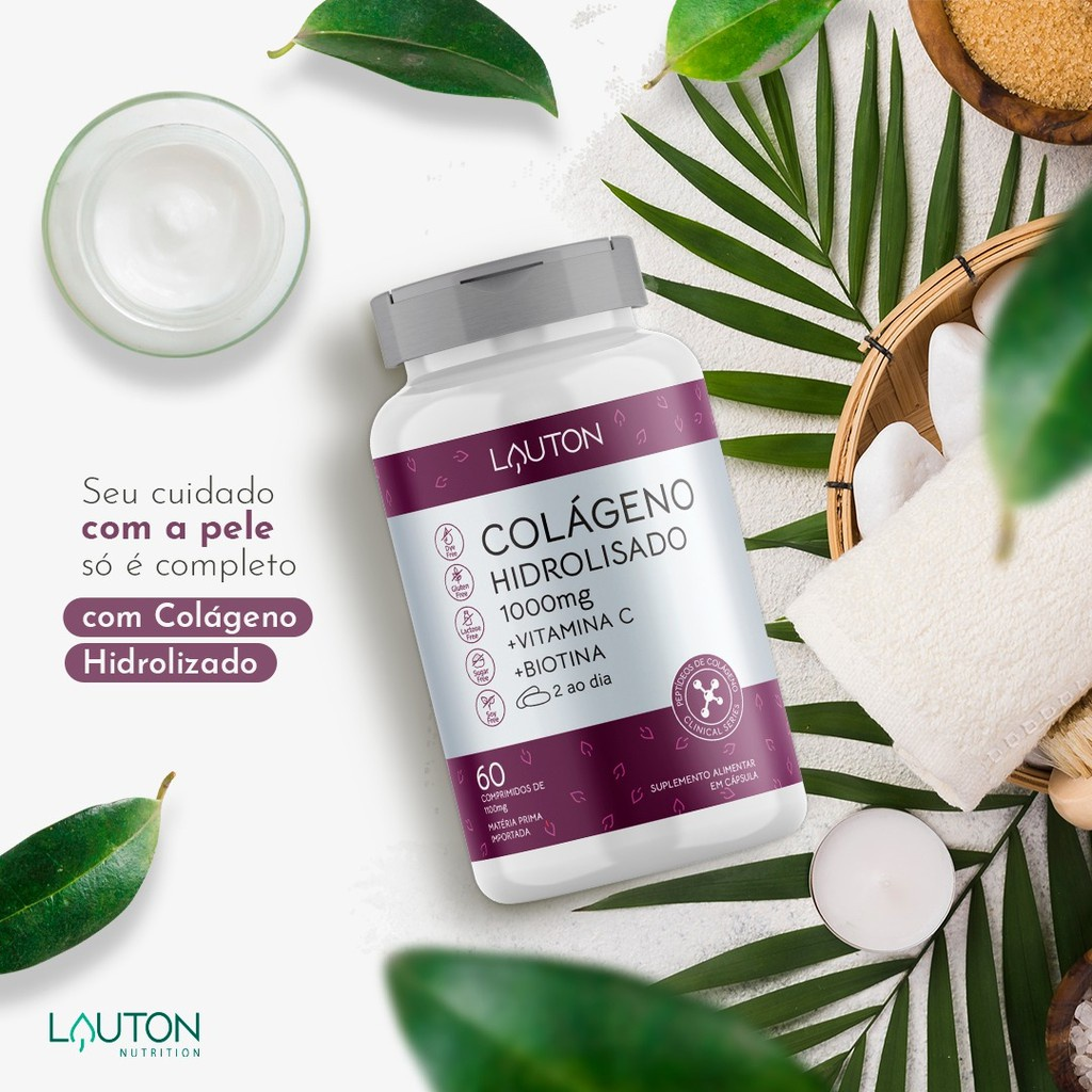 Kit 3 Colageno Hidrolisado 1000mg com Vitamina C + Biotina - 60 Comprimidos cada Pote -- Fórmula Concentrada Lauton Pele