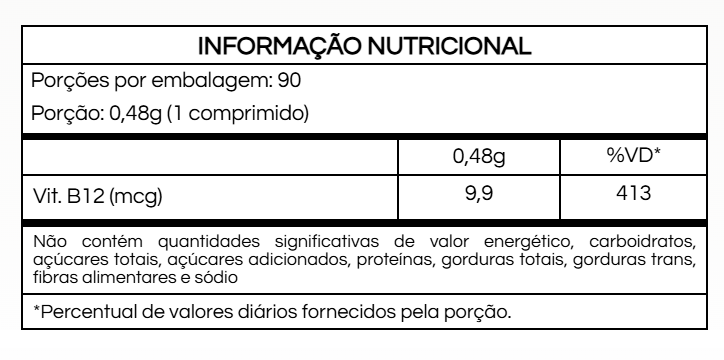 Tabela nutricional Vitamina B12 Nutrye