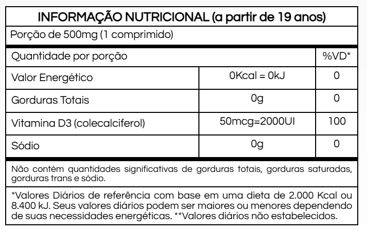 Tabela nutricional Vitamina D3 2000UI + K2 Nutrye